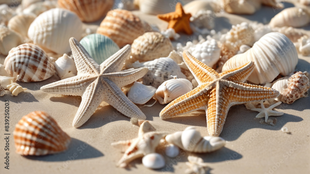 Coastal Chic: Seashells and Starfish Adorning the Beachfront in an Elegant Ocean Display, Generative AI Coastal Chic: Seashells and Starfish Adorning the Beachfront in an Elegant Ocean Display, Generative AI