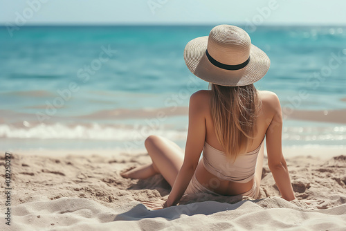 woman wearing beach hat sitting on the beach, blue sky © sirisak