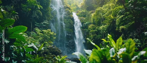 banner with a waterfall in green jungles