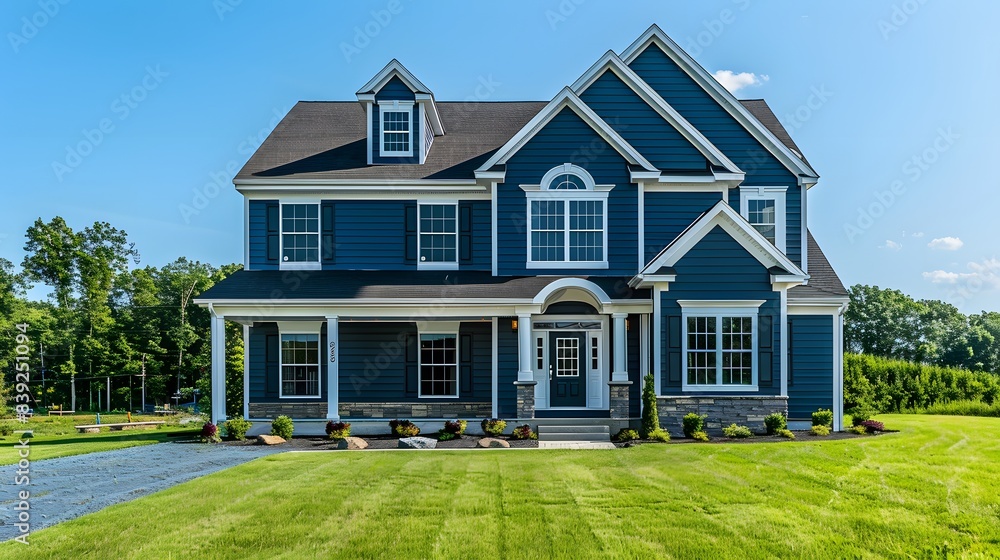 Blue house with white trim, green lawn and clear blue sky. Blue house with white trim, green lawn and clear blue sky.
