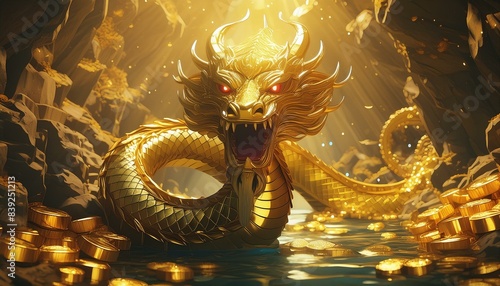 Sodiac golden naga with alot of thai ancient treasure under water in cave - super realistic  photo