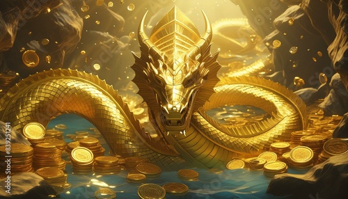 Sodiac golden naga with alot of thai ancient treasure under water in cave - super realistic  photo