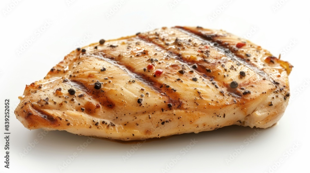 seared chicken breast steak Isolated on white background. concept of food menu for designers.