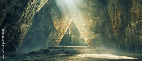 An ancient underground temple with a triangular opening in the ceiling.