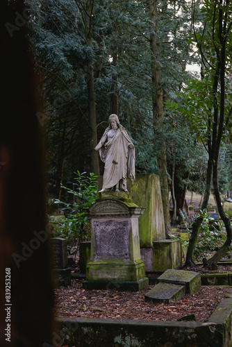 The figure of a draped statue looms over old tombstones, her gaze lost in the eternal quiet of a forested cemetery
