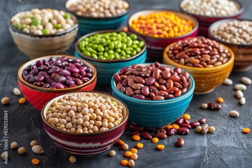 A diverse range of dried beans in vibrant bowls with a solitary background. Generative Ai © Abu