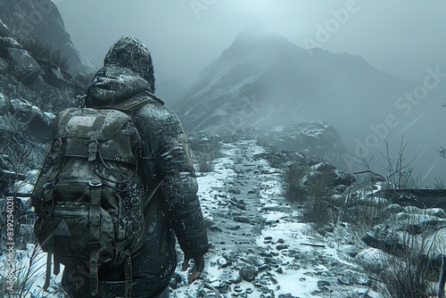 A lone hiker treks through a snowy mountain pass, battling the elements. photo