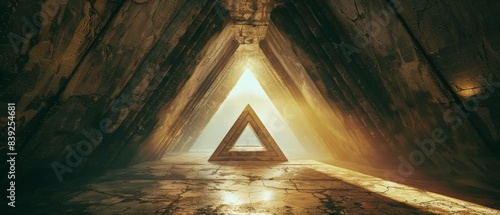 An ancient underground temple with a triangular opening in the ceiling.