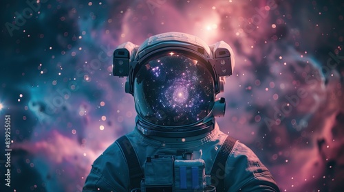 Astronaut in space with stars, a galaxy, a purple and blue nebula, and galaxies reflected in his helmet © Zahfran
