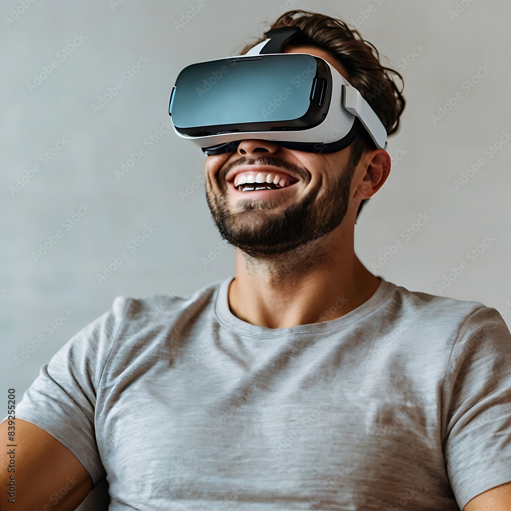 Smiling man immersed in a virtual world with sleek VR headset experiencing cutting-edge 3D technology Smiling man immersed in a virtual world with sleek VR headset experiencing cutting-edge 3D technology