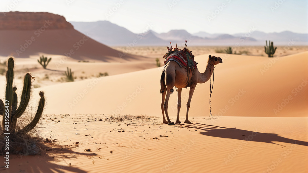 Nomadic Expedition: Desert Landscape with a Camel and Prickly Cactus, Embarking on a Timeless Journey Across the Arid Sands, Generative AI Nomadic Expedition: Desert Landscape with a Camel and Prickly Cactus, Embarking on a Timeless Journey Across the Arid Sands, Generative AI
