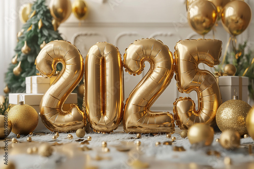 Happy new year 2025  text golden balloons with gold confetti, gifts and mirror ball on a beige background. Luxury balloons  2025 number, ai technology © Rashid