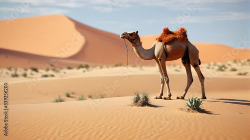 Sand Dune Odyssey: Desert Landscape Featuring a Camel and Desert Cactus, Inspiring Tales of Exploration and Wonder in the Sandy Expanse, Generative AI