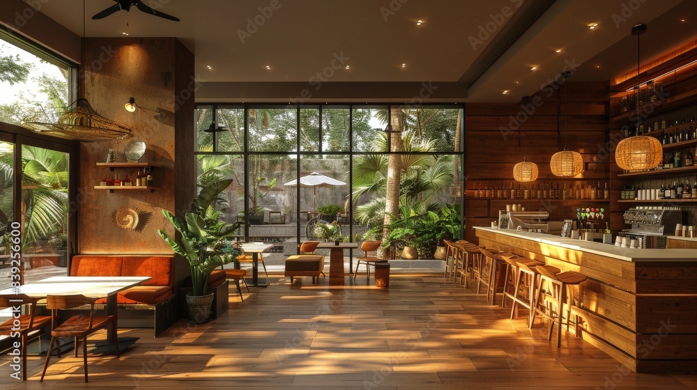 A Serene Tropical Restaurant With Sunlight Streaming Through Large Windows. Generative AI A Serene Tropical Restaurant With Sunlight Streaming Through Large Windows. Generative AI