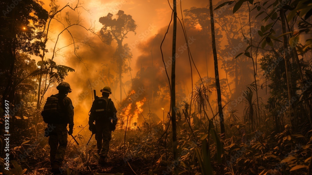 Two rangers patrol a forest burning with flames and smoke Two rangers patrol a forest burning with flames and smoke