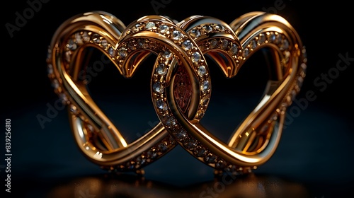A pair of intertwined gold hearts on a solid black background
