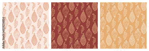 Set of Three Seamless Floral Patterns with Cacao Pods. Cocoa Beans and Leaves. Tropical Fruits. Great for Packaging design of milk, white and dark bitter Chocolate or cocoa powder. Hand drawing.