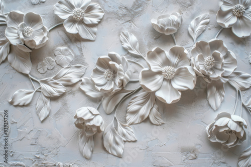 Elegant white floral relief sculpture on a textured background, showcasing detailed craftsmanship in 3D floral design. © Alberto Gonzalez 