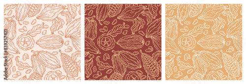 Set of Three Seamless Floral Patterns with Cacao Pods. Cocoa Beans and Leaves. Tropical Fruits. Great for Packaging design of milk, white and dark bitter Chocolate or cocoa powder. Hand drawing.