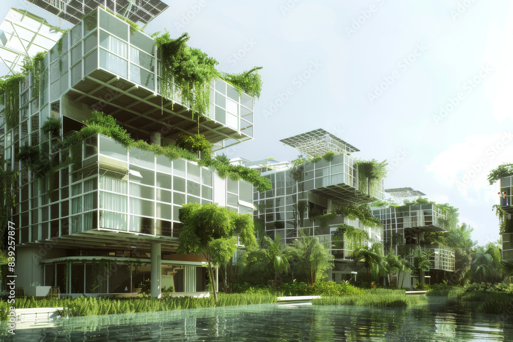 Futuristic sustainable architecture with solar panels and abundant greenery, embodying modern eco-friendly urban living concepts. Futuristic sustainable architecture with solar panels and abundant greenery, embodying modern eco-friendly urban living concepts.