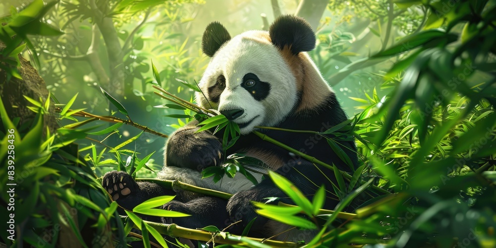 Fototapeta premium Panda Enjoying Bamboo in Jungle