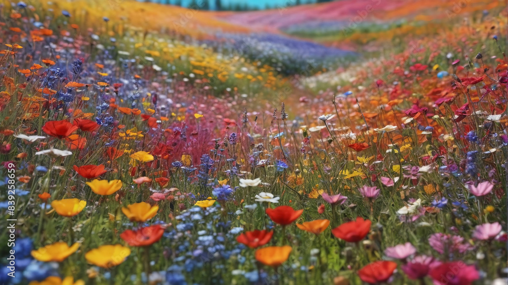 Meadow of Colors: Picturesque Field of Flowers Amidst a Vibrant and Multicolored Background, Painting a Whimsical Portrait of Nature's Splendor and Diversity, Generative AI Meadow of Colors: Picturesque Field of Flowers Amidst a Vibrant and Multicolored Background, Painting a Whimsical Portrait of Nature's Splendor and Diversity, Generative AI