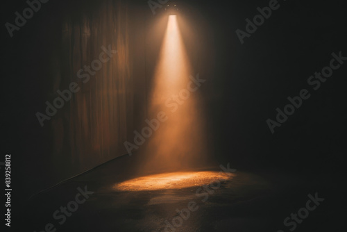 Dramatic beams of sunlight streaming through a window onto a dusty wooden floor in a dark, atmospheric room.