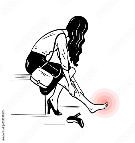Woman with foot pain due to heels. Female leg with a sore callus. Transverse flat feet. Orthopedic disease. Foot health problems. High heels. Vector isolated illustration. Hand drawn outline
