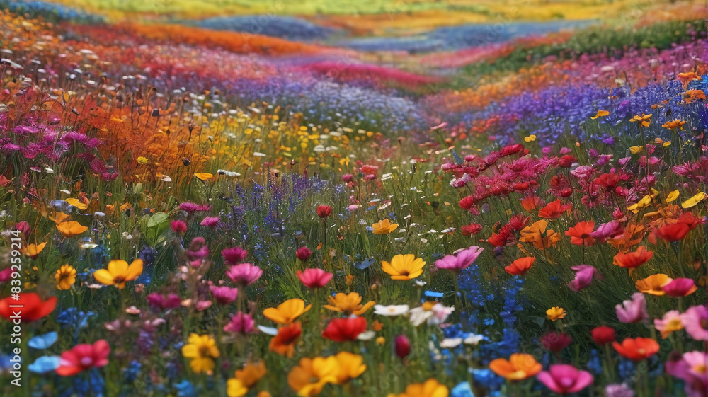 Meadow of Colors: Picturesque Field of Flowers Amidst a Vibrant and Multicolored Background, Painting a Whimsical Portrait of Nature's Splendor and Diversity, Generative AI Meadow of Colors: Picturesque Field of Flowers Amidst a Vibrant and Multicolored Background, Painting a Whimsical Portrait of Nature's Splendor and Diversity, Generative AI