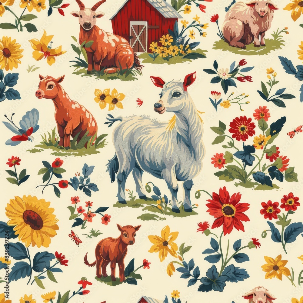 Obraz premium Seamless pattern featuring farm animals and colorful flowers on a light background, perfect for textiles and decorative designs.