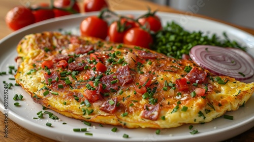 Savory Sunrise Omelette With Tomatoes  Herbs  and Red Onion. Generative AI