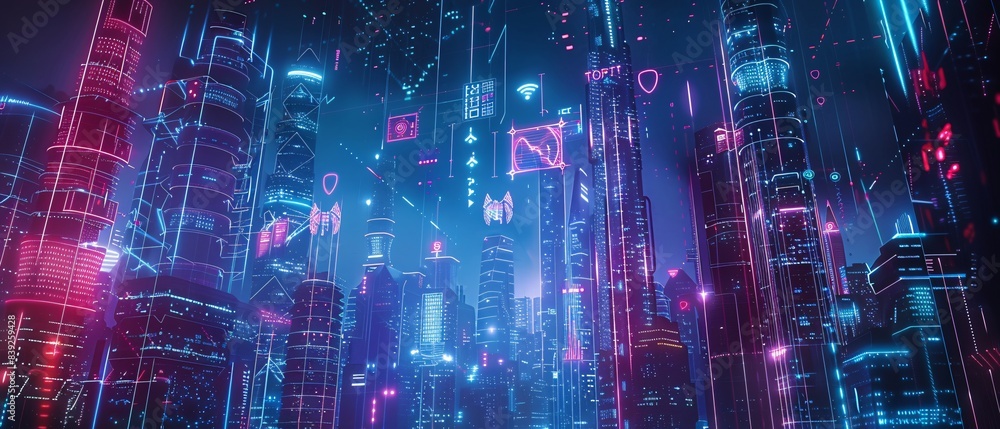 Cyberpunk Cityscape: Holographic Cybersecurity Data Visualizations in Neon Lights Cyberpunk Cityscape: Holographic Cybersecurity Data Visualizations in Neon Lights
