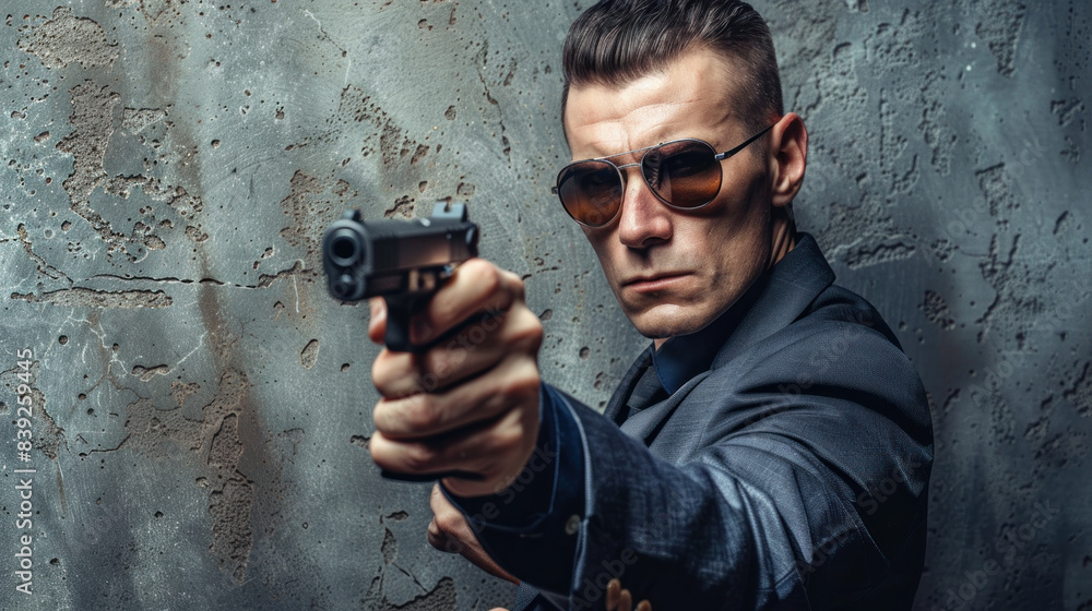 Obraz premium Portrait of a mafia hitman or spy with a handgun