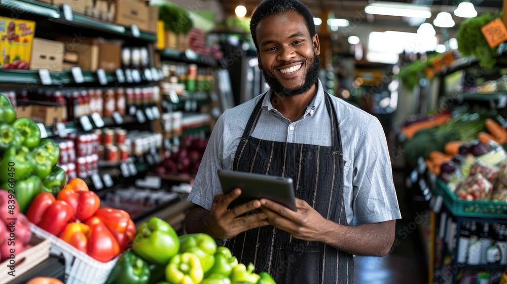 male store owner using a tablet check stock in her grocery, small business running concept, with copy space male store owner using a tablet check stock in her grocery, small business running concept, with copy space
