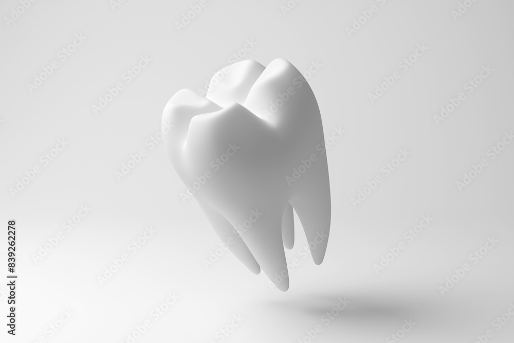 White human molar tooth floating in mid air on white background in monochrome and minimalism. Illustration of the concept of dental health and oral hygiene White human molar tooth floating in mid air on white background in monochrome and minimalism. Illustration of the concept of dental health and oral hygiene