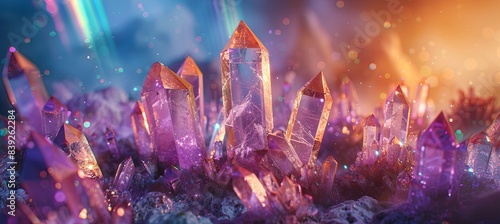 A close up of crystals with rainbow light beams, a purple and teal color palette, dreamy and mystical photo