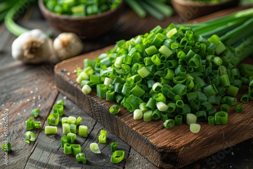 Fresh green onions chopped on a rustic wooden cutting board, set on a wood backdrop photo