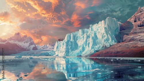 Melting glacier revealing frozen time capsules  each a different era  surrealist collage