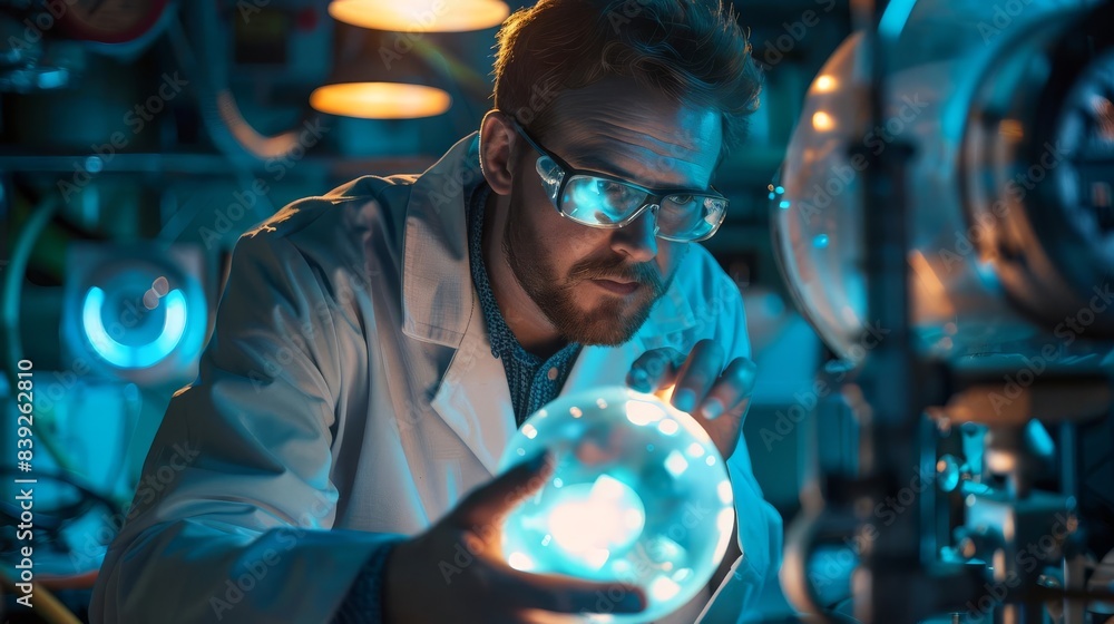 Scientist in lab coat as a deepsea explorer, studying bioluminescent creature, bathysphere setting Scientist in lab coat as a deepsea explorer, studying bioluminescent creature, bathysphere setting