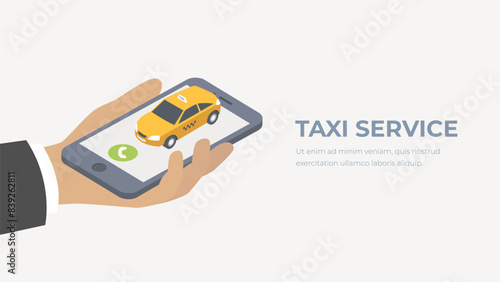 Taxi service concept. Isometric taxi car illustration. Hand with smartphone.