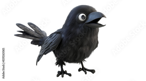 A black cartoon raven bird with a large eye and open beak