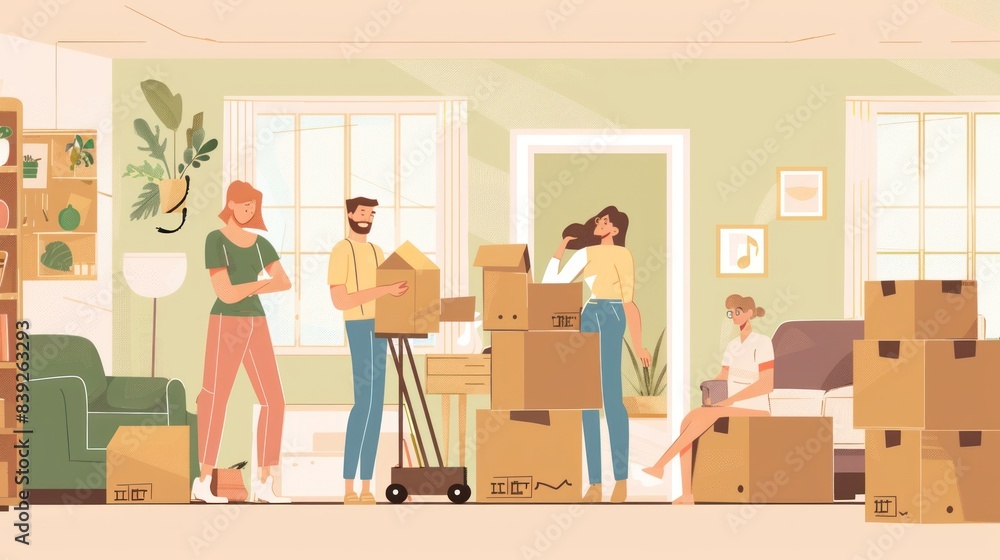 family is moving house with various boxes in new house vector concept family is moving house with various boxes in new house vector concept