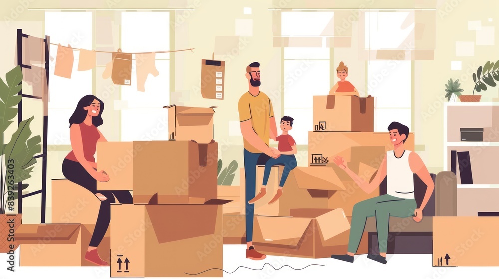 family is moving house with various boxes in new house vector concept family is moving house with various boxes in new house vector concept