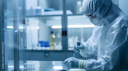 A scientist in a lab coat is working with a syringe