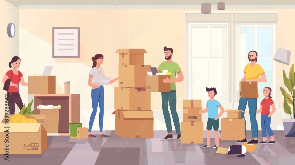 family is moving house with various boxes in new house vector concept family is moving house with various boxes in new house vector concept