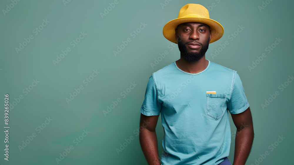 Young man of African American ethnicity he wears shirt blue t-shirt yellow hat hold put mock up of credit bank card into pocket isolated on plain green background studio portrait. Lifestyle concept. Young man of African American ethnicity he wears shirt blue t-shirt yellow hat hold put mock up of credit bank card into pocket isolated on plain green background studio portrait. Lifestyle concept.