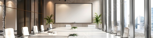 A large conference room with a white board and a potted plant