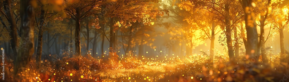 AI generated autumn scene with luminescent trees, soft glow, advanced digital background AI generated autumn scene with luminescent trees, soft glow, advanced digital background