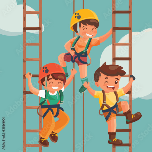 Three young children climb rope ladders, all wearing safety helmets harnesses. Boys girl show excitement joy during adventure activity. Kids engage outdoor climbing, cartoon style depiction