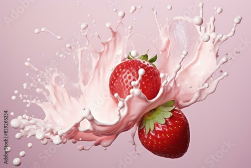 Ripe strawberry falls into pink milk, creating a dynamic liquid splash
